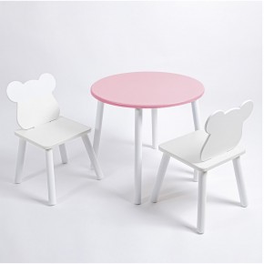 Комплект детский стол КРУГЛЫЙ и два стула МИШКА ROLTI Baby (розовая столешница/белое сиденье/белые ножки) в Коротчаево - korotchaevo.ok-mebel.com | фото